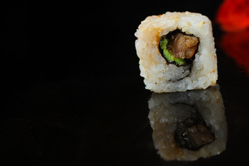 sushi rolls, traditional Japanese food (rice, nori and seafood) menu concept. food background. copy space. Top view