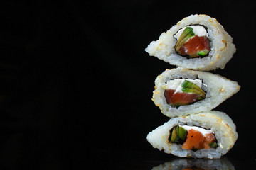 sushi rolls, traditional Japanese food (rice, nori and seafood) menu concept. food background. copy space. Top view