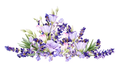 Glasschilderij Lavendel Pittoreske opstelling van lavendel en bluebells hand getekend in aquarel geïsoleerd op een witte achtergrond. Bloemen aquarel illustratie. Ideaal voor het maken van uitnodigingen, wenskaarten en trouwkaarten.