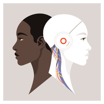 Artificial Intelligence And People. The Head Of The Robot In Profile And Face Of The African Woman. Future Technologies. Conflict Or Cooperation. Vector Flat Illustration