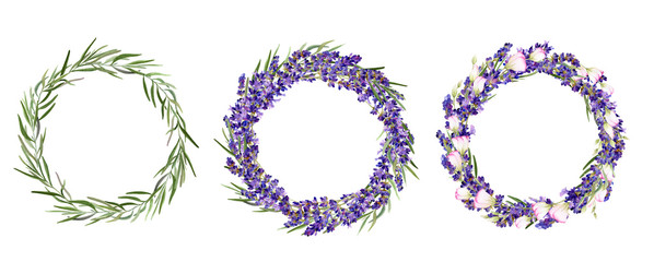Set of hand drawn watercolor wreaths with lavender flowers, leaves and bluebells isolated on a white background. Ideal for creating  invitations, greeting cards.Floral illustration.Botanic composition