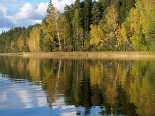 colorful autumn landscape with lake and gorgeous trees, beautiful reflections in calm water