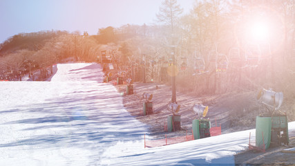 Ski or snowboard white snow trail for winter sport game with light effect. Cold nature landscape concept.