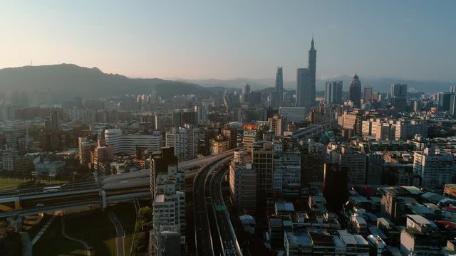 Aerial shot of Taipei city at dawn, Taiwan