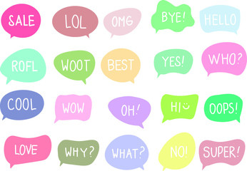 Vector set of speech bubbles with handwritten short phrases sale, lol, omg, bye, hello, rofl, woot, best, yes, who, cool, wow, oh, hi, oops, love, why, what, no, super isolated on white. EPS10