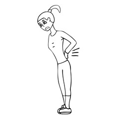 Cartoon young white woman with a sore back in a tracksuit. White background isolated outline vector illustration