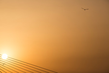 The strings of the cables of the bridge against the backdrop of the setting southern sun over Istanbul.