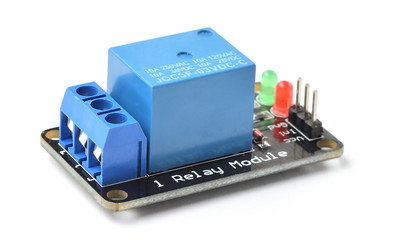 Electronic relay for control of high voltage with low voltage. Isolated on white background.