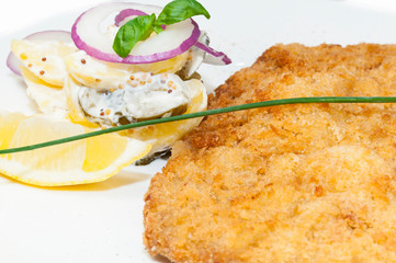 Traditions of German cuisine dish pork with salad shot in a restaurant close-up.