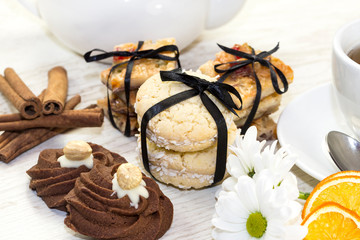 Dessert from a baking dish on tables in a restaurant is shot close-up