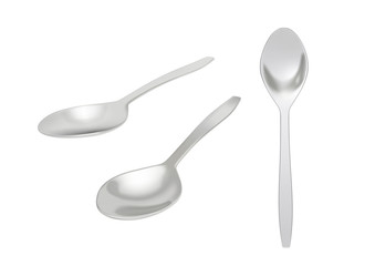 Set of metal spoons in different angles, on a white background. Kitchenware for liquid food.
