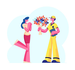 Cute Surprised Girl Happy to Get Bouquet of Beautiful Flowers from Deliveryman. Boyfriend Sending Present to Girlfriend. Love, Couple Loving Relation, Delivery Service Cartoon Flat Vector Illustration