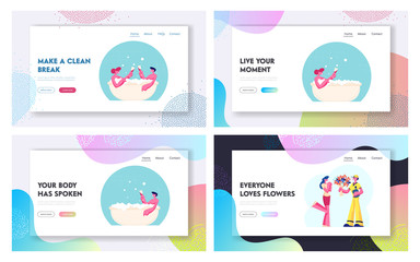 Wellness Honeymoon Date, Flower Delivery Service Website Landing Page Set. Young Couple Sit in Bath Tub with Champagne, Courier Give Bouquet to Girl Web Page Banner. Cartoon Flat Vector Illustration
