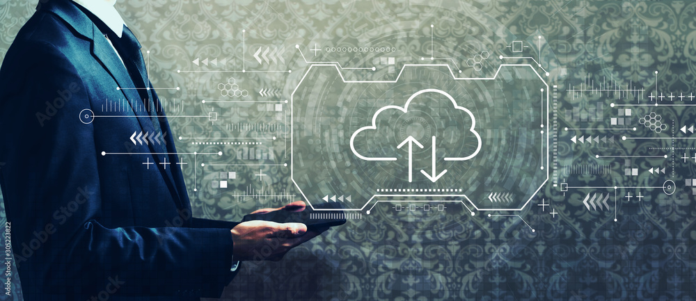 Poster cloud computing with businessman holding a tablet computer