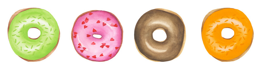Illustration set of donuts, watercolor painting. For design textile, cards and banners. Watercolor Donut Clipart, Color Donuts, Bakery Clipart, Sweets Clipart, Sprinkle Donut, Pastry Clipart, Dessert 