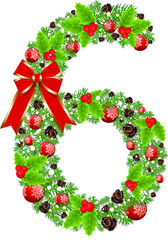 Fototapeta na wymiar Number 6 with decoration for Christmas design and New Year with spruce tree and holly red berries. Creative alphabet, arabic six number and sign vector. Vector Font for Title, Header, Lettering, Logo