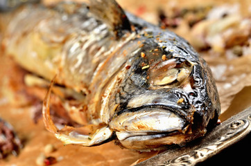 Close-up of baked mackerel with garlic, pepper and coarse salt on baking paper.