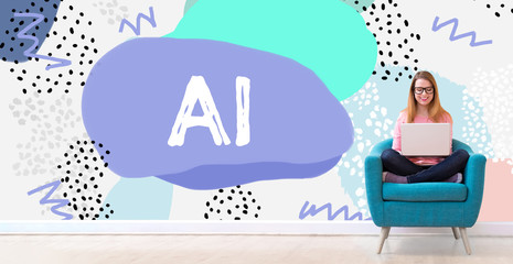 AI with young woman using her laptop in a chair