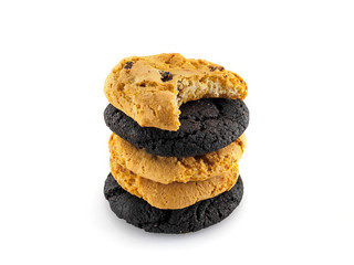 A pile of cookies and one of them is bitten on a white background