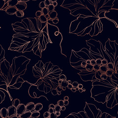Vector Grape berry healthy food. Black and white engraved ink art. Seamless background pattern. - 305225034