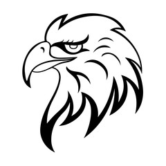 Black eagle logo, white background.
