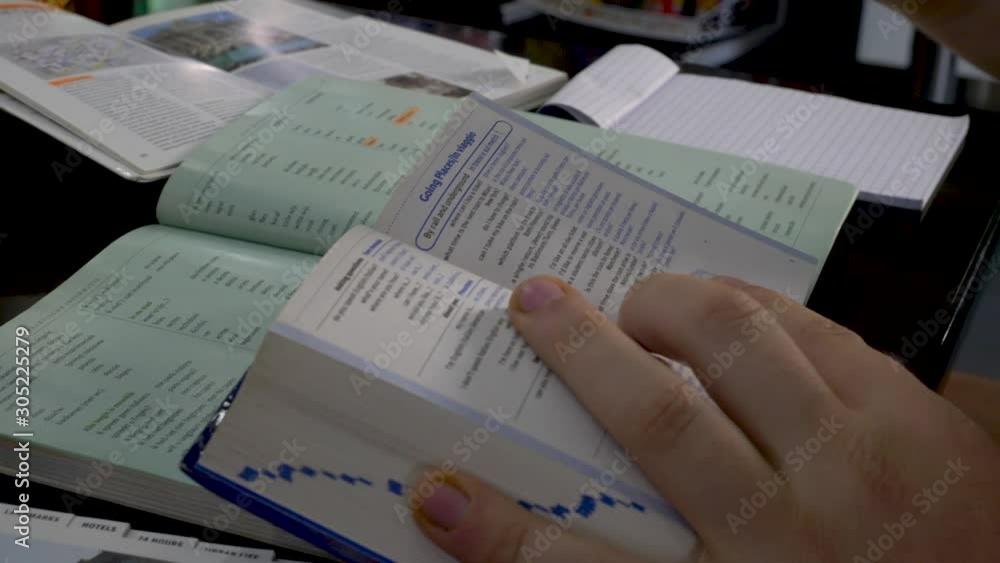 Poster Student studying and holding a pen while reading the dictionary with many other text books open.