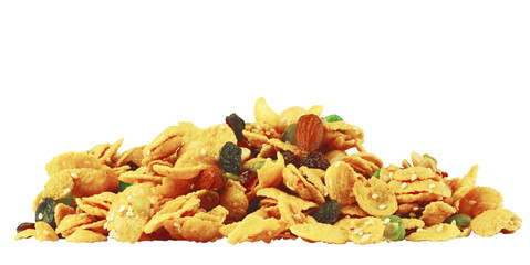 Cornflakes with dried fruits and nuts isolated on white background.