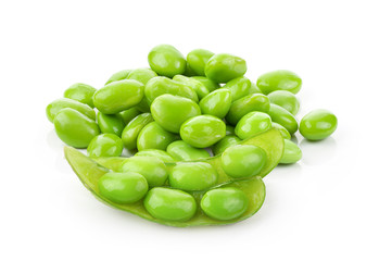 green soybeans seeds isolated on white background. full depth of field