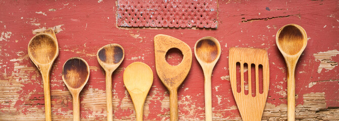 set of vintage wooden spoons,  kitchen utensils, cooking,food, culinary concept, flat lay with good...