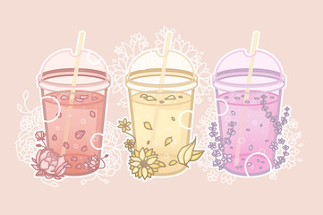Flower drinks cup design collection, red, yellow, purple soft drinks with ornaments on pink background.