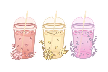 Flower drinks cup design collection, red, yellow, purple soft drinks on white background.