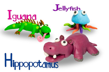 Cartoon characters, Iguana, Jellyfish and Hippopotamus isolated on white background.