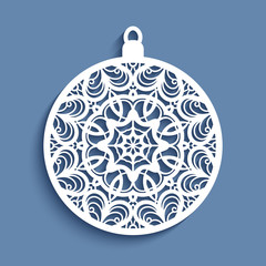 Fototapeta premium Christmas ornament, cutout paper bauble with swirly pattern, crochet lace round decoration, template for laser cutting or wood carving