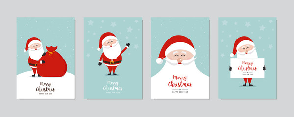 Cute santa claus card set. Merry christmas and Happy New Year greeting winter snowy background lettering vector. Christmas card set.
