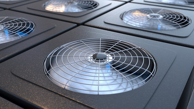 Group of HVAC units with fans close up