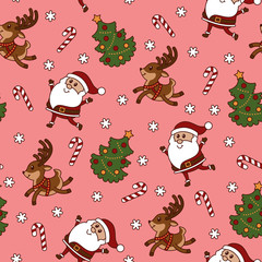 Christmas seamless pattern with Santa Claus, christmas tree, deer, candy cane and snowflakes on the pink background. Stock vector illustration
