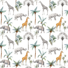 Watercolor vector seamless patterns with safari animals and palm trees. Elephant giraffe. - obrazy, fototapety, plakaty