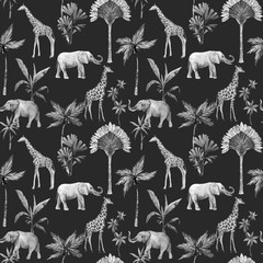Nahtlose Muster des Aquarellvektors mit Safaritieren und Palmen. Elefant Giraffe.