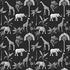 Foto op Plexiglas Tropische print Aquarel vector naadloze patronen met safari dieren en palmbomen. Olifant giraf.