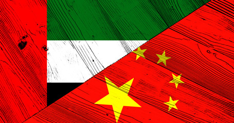 Flag of the United Arab Emirates and China on wooden boards