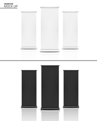 Mock up Realistic Roll up Banner Kiosk Display 3D POP Booth for Sale Marketing Promotion  Background Illustration. Event Exhibition Concept Design.