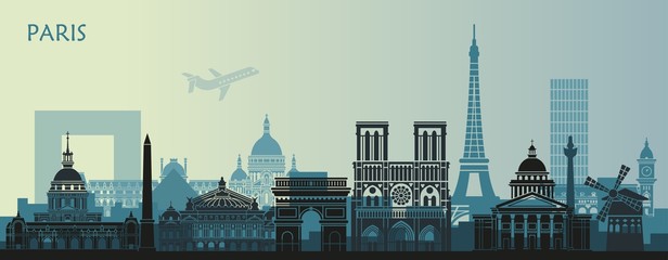 Stylized landscape of Paris with Eiffel tower, arc de Triomphe and Notre Dame Cathedral and other attractions - obrazy, fototapety, plakaty