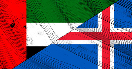 Flag of the United Arab Emirates and Iceland on wooden boards