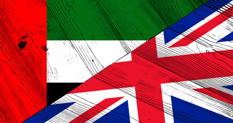 Flag of the United Arab Emirates and England on wooden boards