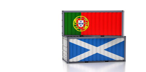 Two freight container with Portugal and Scotland national flag. 3d rendering 