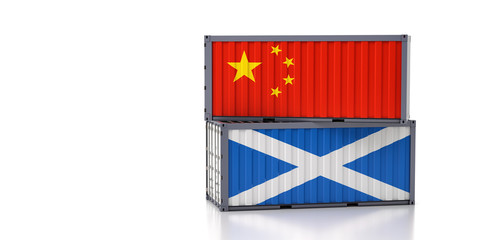 Two freight container with China and Scotland national flag. 3d rendering 