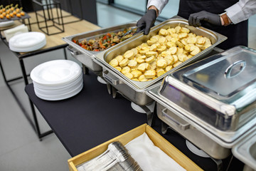 banquet table with chafing dish heaters At the restaurant