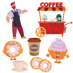 set of seller, coffee, glass, cup, donut, muffin, street cart, fast food, isolated object on a white background,