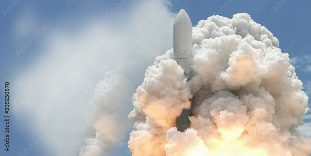 Wall mural launch of the spaceship from the spaceport. some elements of this image are furnished by nasa