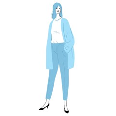 青いカーディガンを着た若い女性